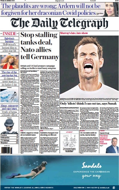 The Daily Telegraph Newspaper Front Page (UK) for 20 January 2023