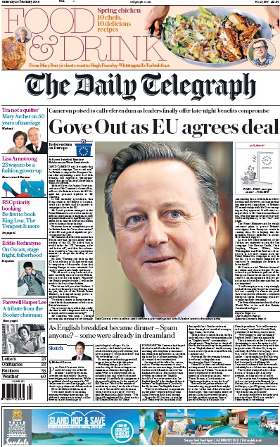 The Daily Telegraph Newspaper Front Page (UK) for 20 February 2016