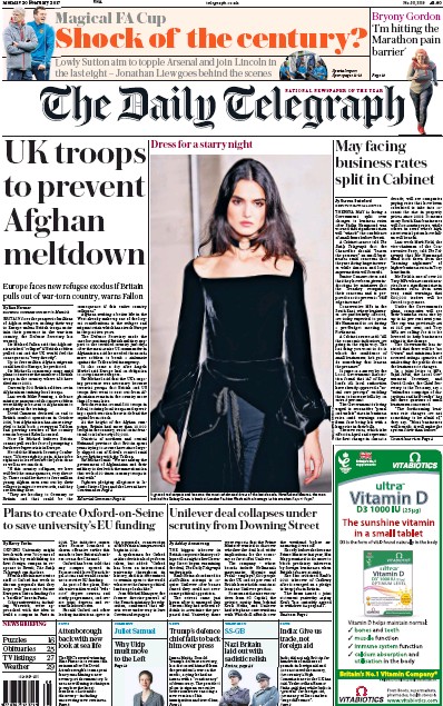 The Daily Telegraph Newspaper Front Page (UK) for 20 February 2017