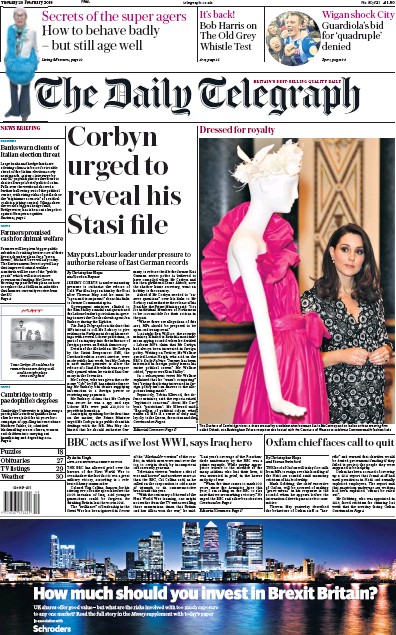 The Daily Telegraph Newspaper Front Page (UK) for 20 February 2018