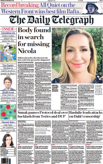 The Daily Telegraph Newspaper Front Page (UK) for 20 February 2023