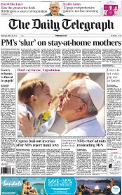 The Daily Telegraph Newspaper Front Page (UK) for 20 March 2013