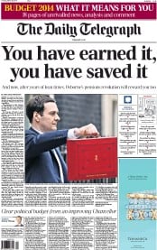 The Daily Telegraph Newspaper Front Page (UK) for 20 March 2014