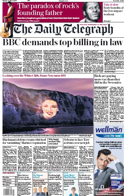 The Daily Telegraph Newspaper Front Page (UK) for 20 March 2017