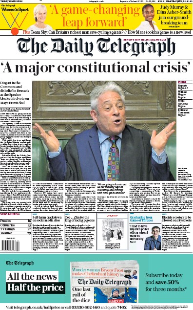 The Daily Telegraph Newspaper Front Page (UK) for 20 March 2019