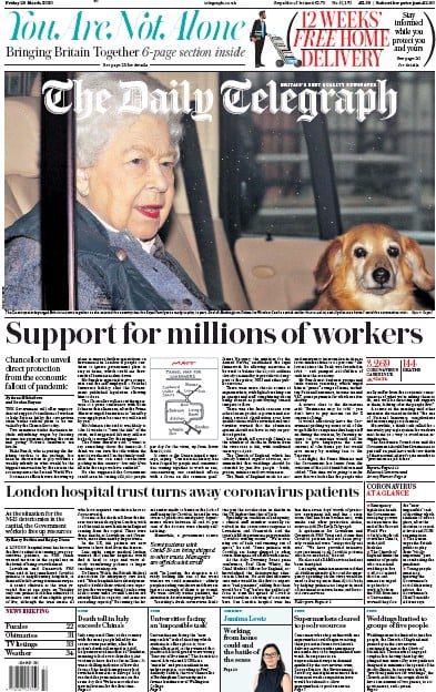 The Daily Telegraph Newspaper Front Page (UK) for 20 March 2020