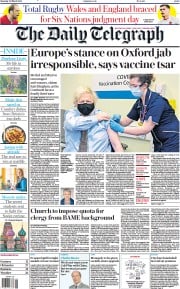 The Daily Telegraph (UK) Newspaper Front Page for 20 March 2021