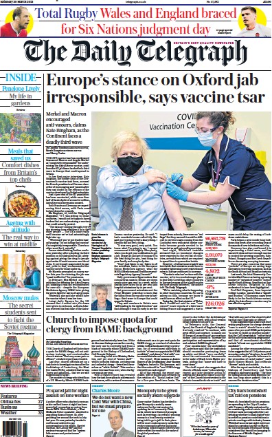 The Daily Telegraph Newspaper Front Page (UK) for 20 March 2021