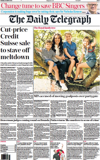 The Daily Telegraph Newspaper Front Page (UK) for 20 March 2023