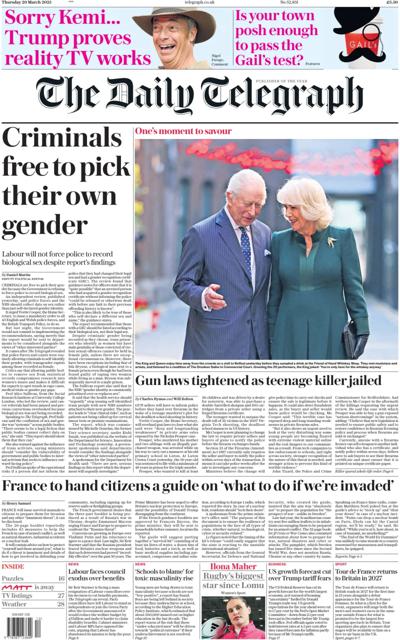 The Daily Telegraph Newspaper Front Page (UK) for 20 March 2025