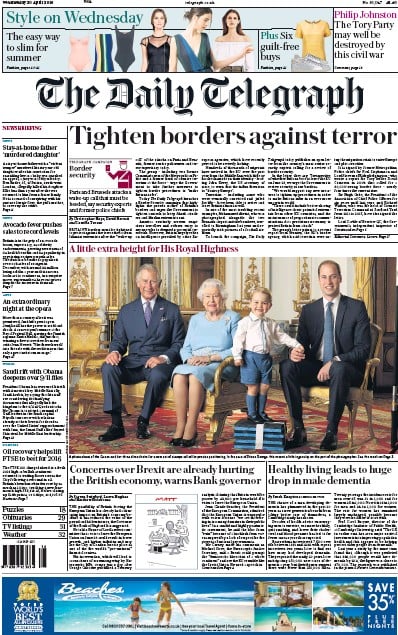 The Daily Telegraph Newspaper Front Page (UK) for 20 April 2016