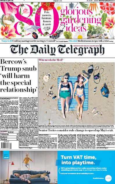 The Daily Telegraph Newspaper Front Page (UK) for 20 April 2019