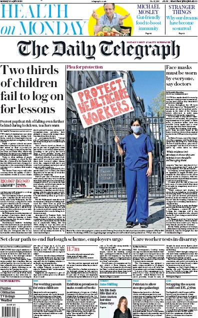 The Daily Telegraph Newspaper Front Page (UK) for 20 April 2020