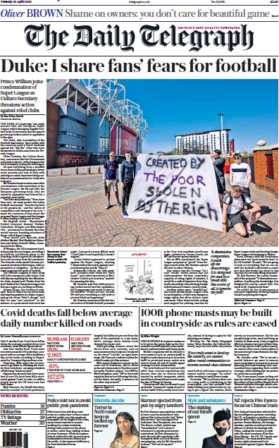 The Daily Telegraph Newspaper Front Page (UK) for 20 April 2021