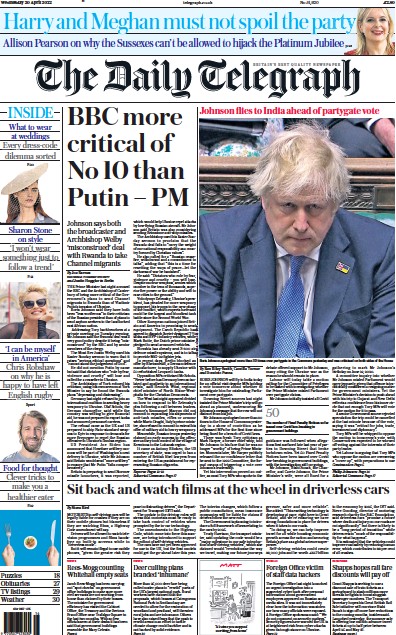 The Daily Telegraph Newspaper Front Page (UK) for 20 April 2022