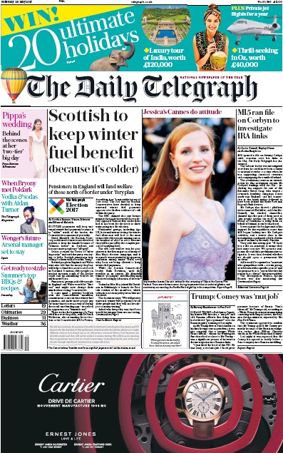 The Daily Telegraph Newspaper Front Page (UK) for 20 May 2017