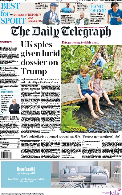 The Daily Telegraph Newspaper Front Page (UK) for 20 May 2019