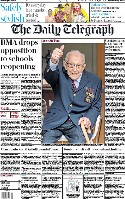 The Daily Telegraph Newspaper Front Page (UK) for 20 May 2020