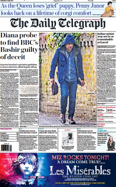 The Daily Telegraph Newspaper Front Page (UK) for 20 May 2021