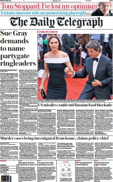 The Daily Telegraph Newspaper Front Page (UK) for 20 May 2022