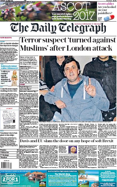 The Daily Telegraph Newspaper Front Page (UK) for 20 June 2017