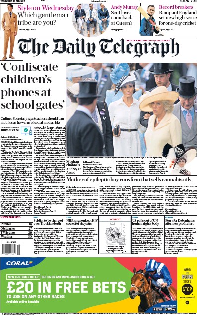 The Daily Telegraph Newspaper Front Page (UK) for 20 June 2018