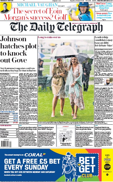 The Daily Telegraph Newspaper Front Page (UK) for 20 June 2019