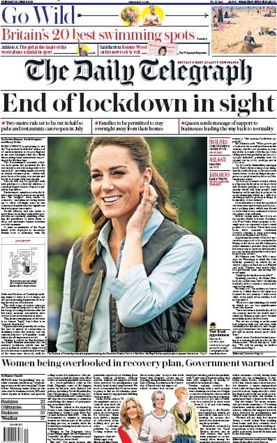The Daily Telegraph Newspaper Front Page (UK) for 20 June 2020
