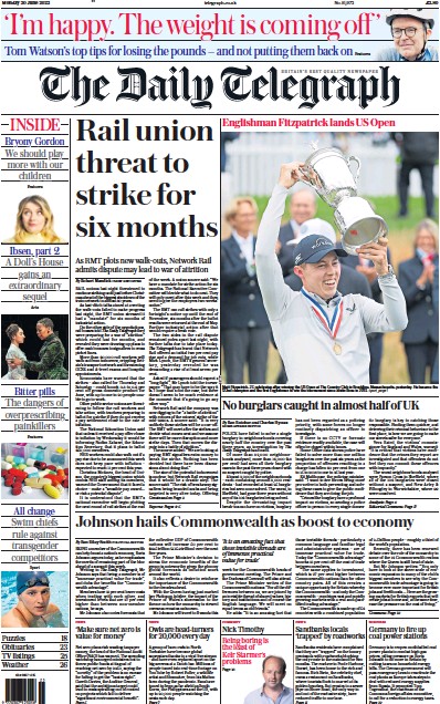 The Daily Telegraph Newspaper Front Page (UK) for 20 June 2022