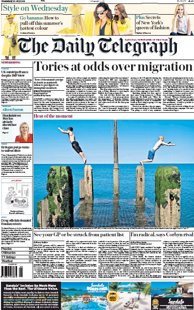 The Daily Telegraph Newspaper Front Page (UK) for 20 July 2016