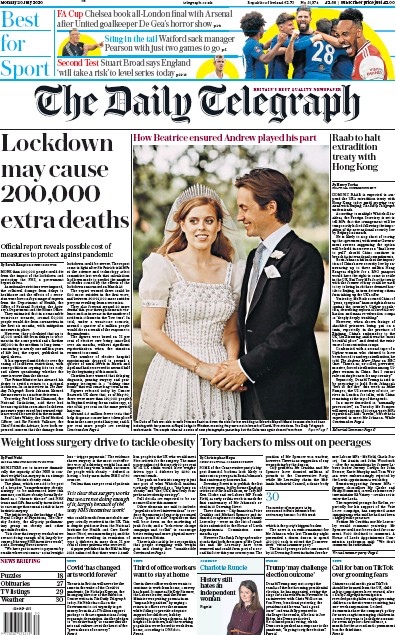 The Daily Telegraph Newspaper Front Page (UK) for 20 July 2020