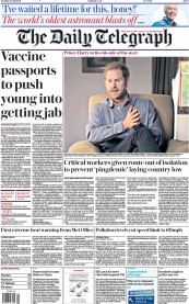 The Daily Telegraph (UK) Newspaper Front Page for 20 July 2021