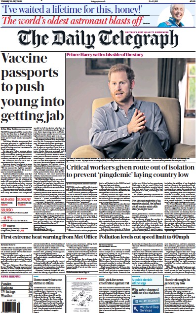 The Daily Telegraph Newspaper Front Page (UK) for 20 July 2021