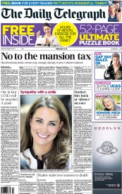 The Daily Telegraph Newspaper Front Page (UK) for 20 August 2011