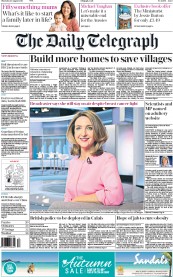 The Daily Telegraph Newspaper Front Page (UK) for 20 August 2015