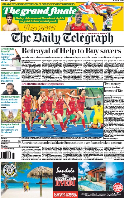 The Daily Telegraph Newspaper Front Page (UK) for 20 August 2016