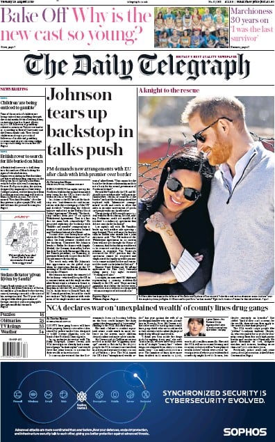 The Daily Telegraph Newspaper Front Page (UK) for 20 August 2019