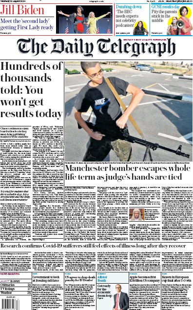 The Daily Telegraph Newspaper Front Page (UK) for 20 August 2020