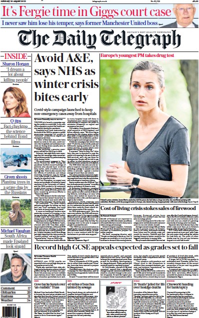 The Daily Telegraph Newspaper Front Page (UK) for 20 August 2022
