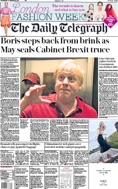 The Daily Telegraph Newspaper Front Page (UK) for 20 September 2017