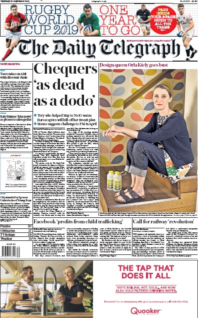 The Daily Telegraph Newspaper Front Page (UK) for 20 September 2018