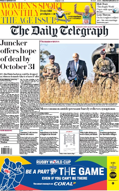 The Daily Telegraph Newspaper Front Page (UK) for 20 September 2019