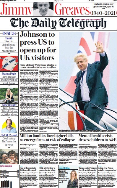 The Daily Telegraph Newspaper Front Page (UK) for 20 September 2021