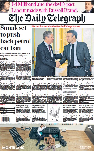 The Daily Telegraph Newspaper Front Page (UK) for 20 September 2023