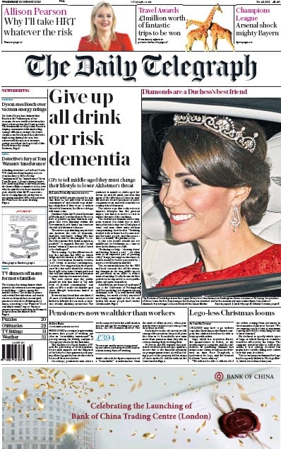 The Daily Telegraph Newspaper Front Page (UK) for 21 October 2015