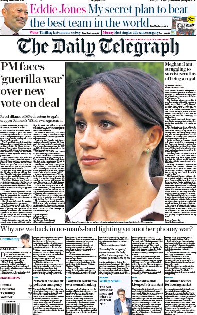 The Daily Telegraph Newspaper Front Page (UK) for 21 October 2019