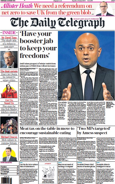 The Daily Telegraph Newspaper Front Page (UK) for 21 October 2021