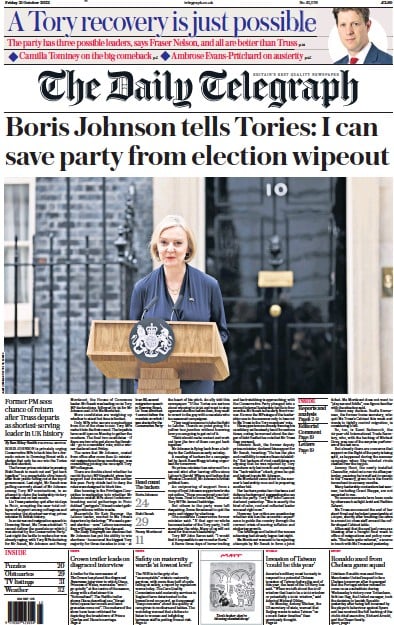 The Daily Telegraph Newspaper Front Page (UK) for 21 October 2022