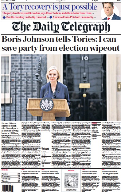 The Daily Telegraph UK Front Page For 21 October 2022 Paperboy 