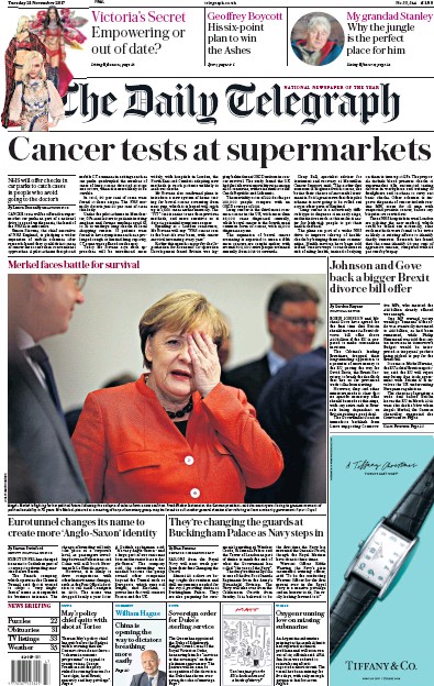The Daily Telegraph Newspaper Front Page (UK) for 21 November 2017